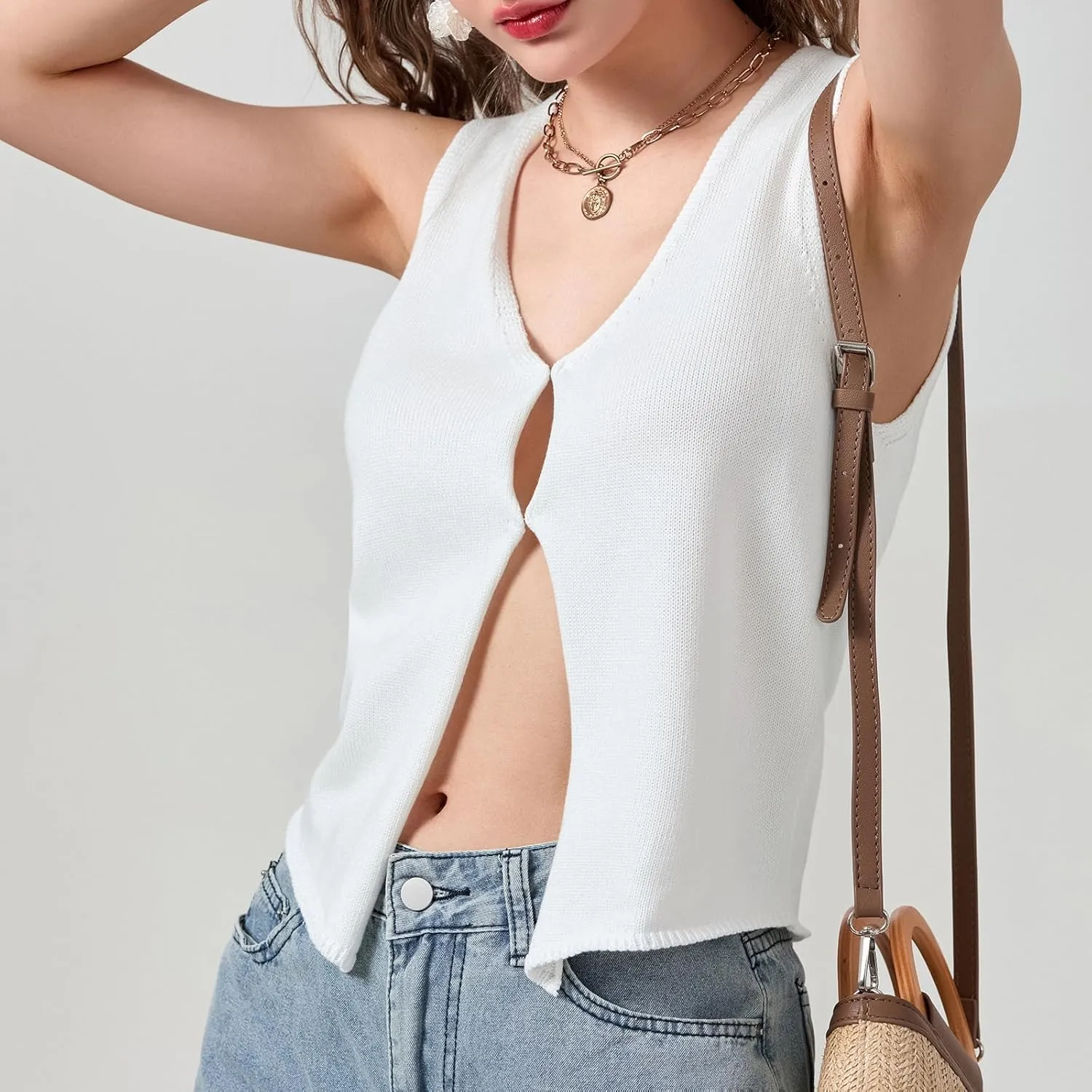 Axupico Womens Knitted Vest Top Y2k Crochet Crop Tops Sleeveless V Neck Front Button Solid Tank Top Streetwear