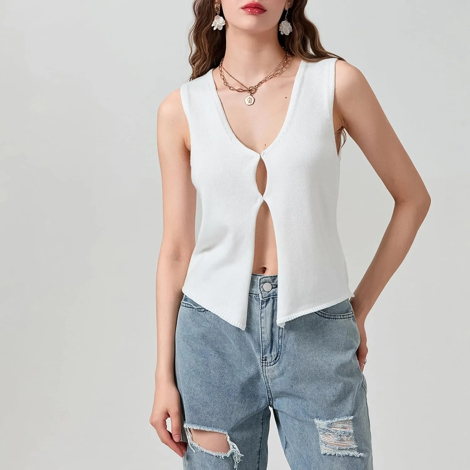 Axupico Womens Knitted Vest Top Y2k Crochet Crop Tops Sleeveless V Neck Front Button Solid Tank Top Streetwear