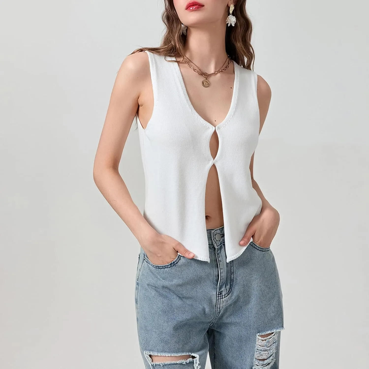 Axupico Womens Knitted Vest Top Y2k Crochet Crop Tops Sleeveless V Neck Front Button Solid Tank Top Streetwear
