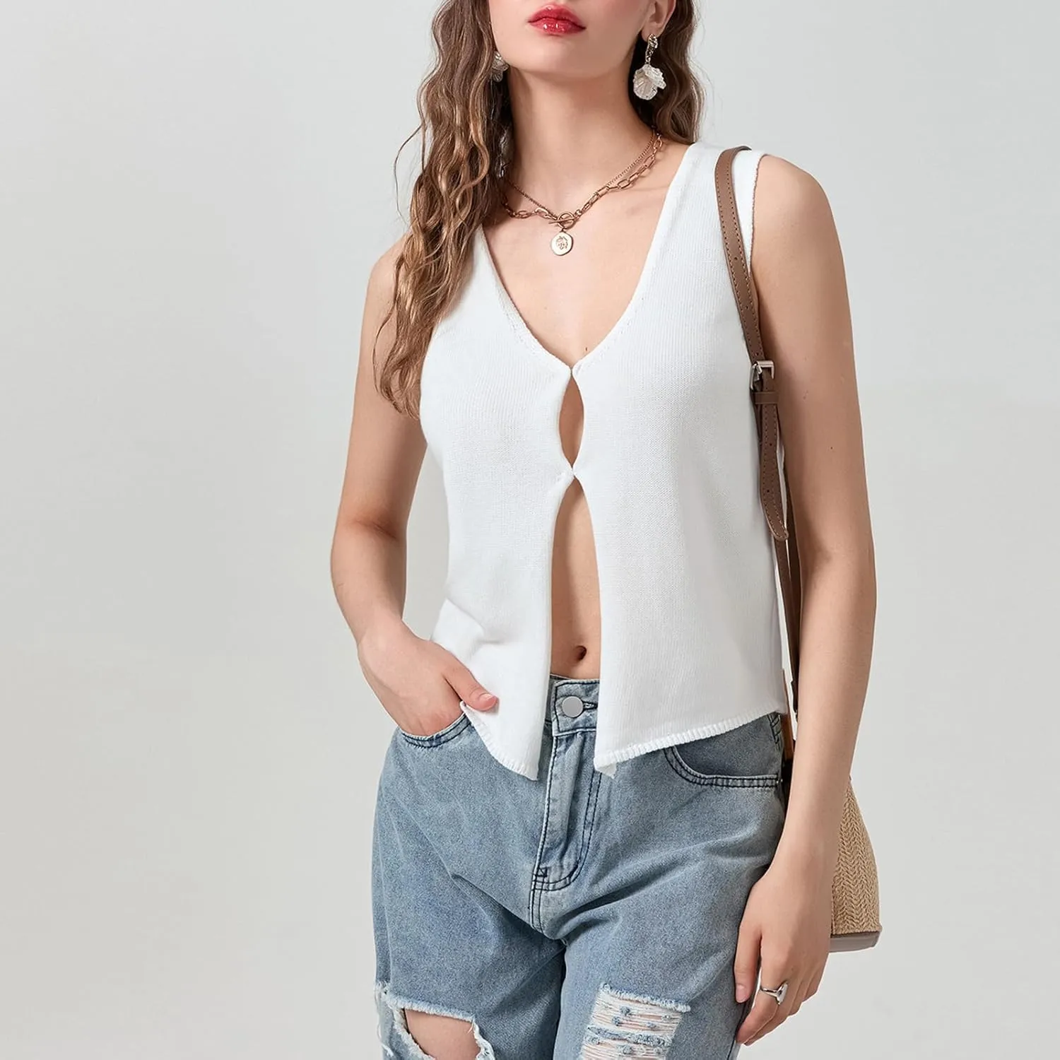 Axupico Womens Knitted Vest Top Y2k Crochet Crop Tops Sleeveless V Neck Front Button Solid Tank Top Streetwear