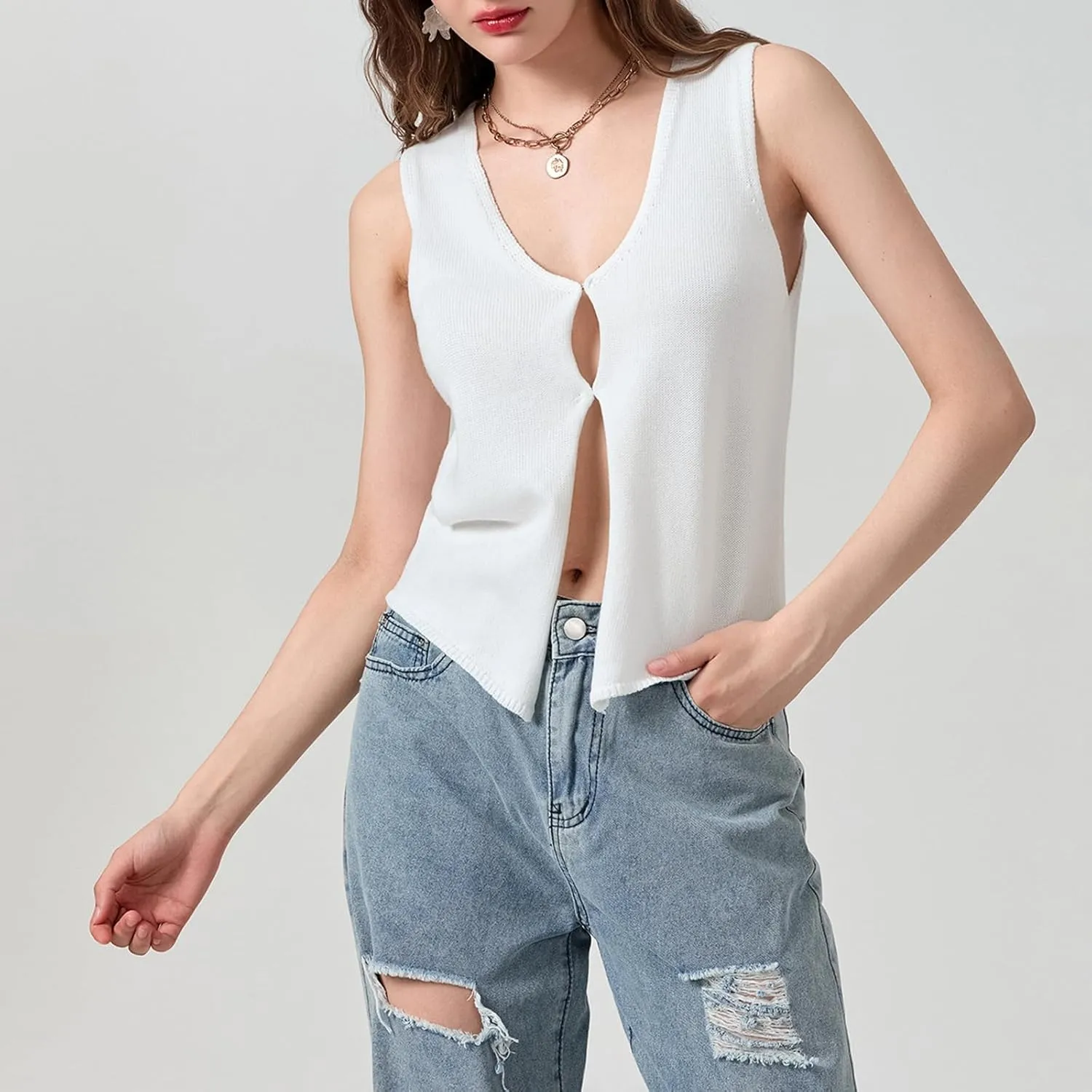 Axupico Womens Knitted Vest Top Y2k Crochet Crop Tops Sleeveless V Neck Front Button Solid Tank Top Streetwear