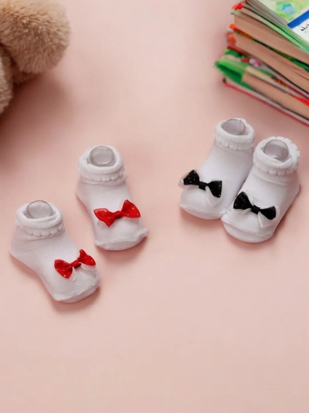 Baby Girls' White Socks Set with Black and Pink Bow Accents