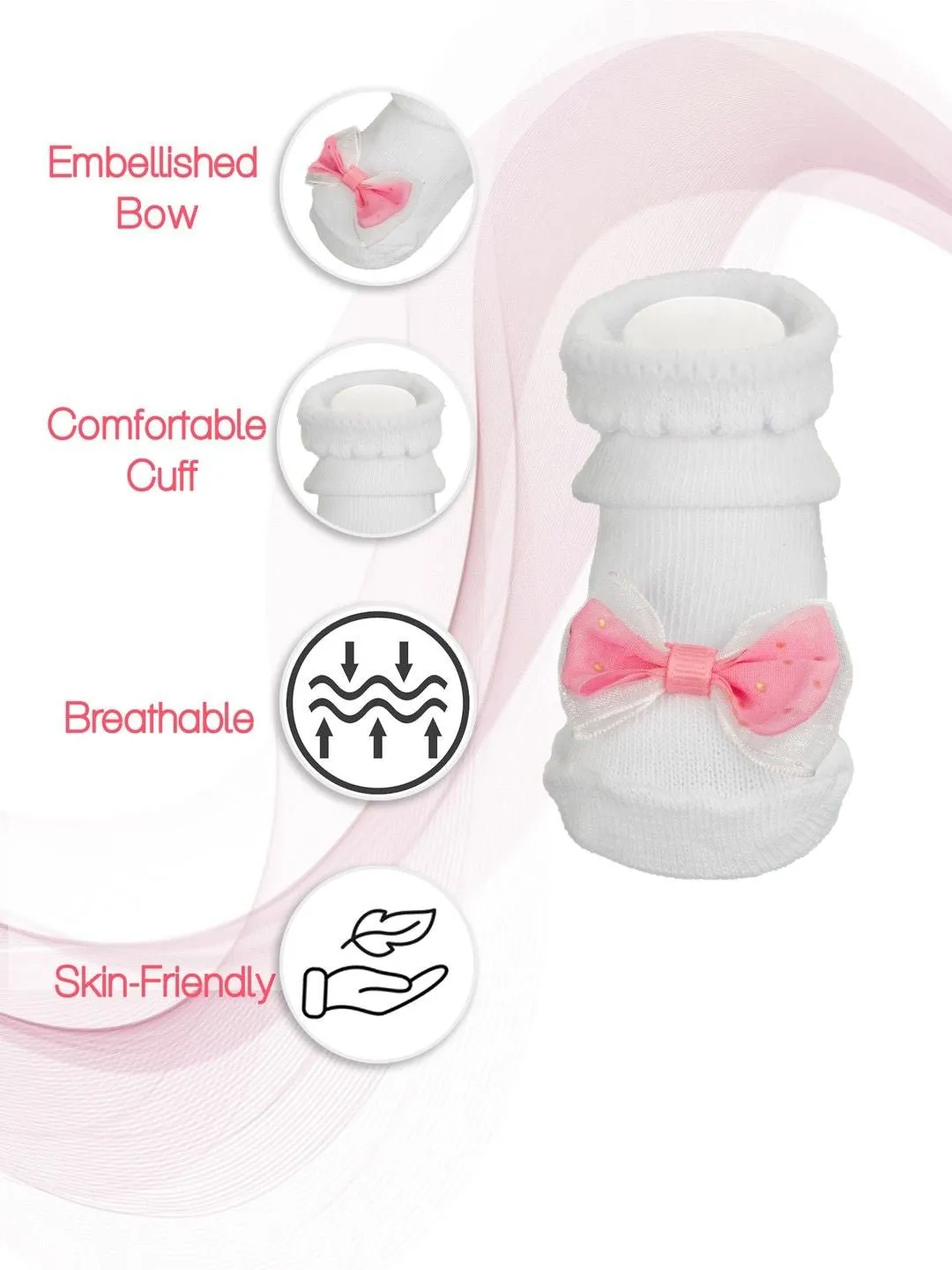 Baby Girls' White Socks Set with Black and Pink Bow Accents
