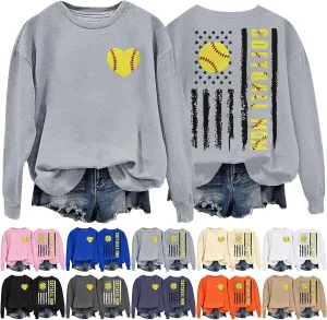 Baseball Mom Shirt Womens Long Sleeve Graphic Plus Size Softball Hoodies Heart Printed Casual Pullover Tops