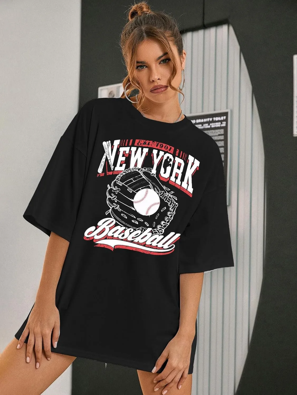 Baseball Shirts New York Baseball Shirt Women Oversized Baseball Mom Shirt Oversized Short Sleeve Tops