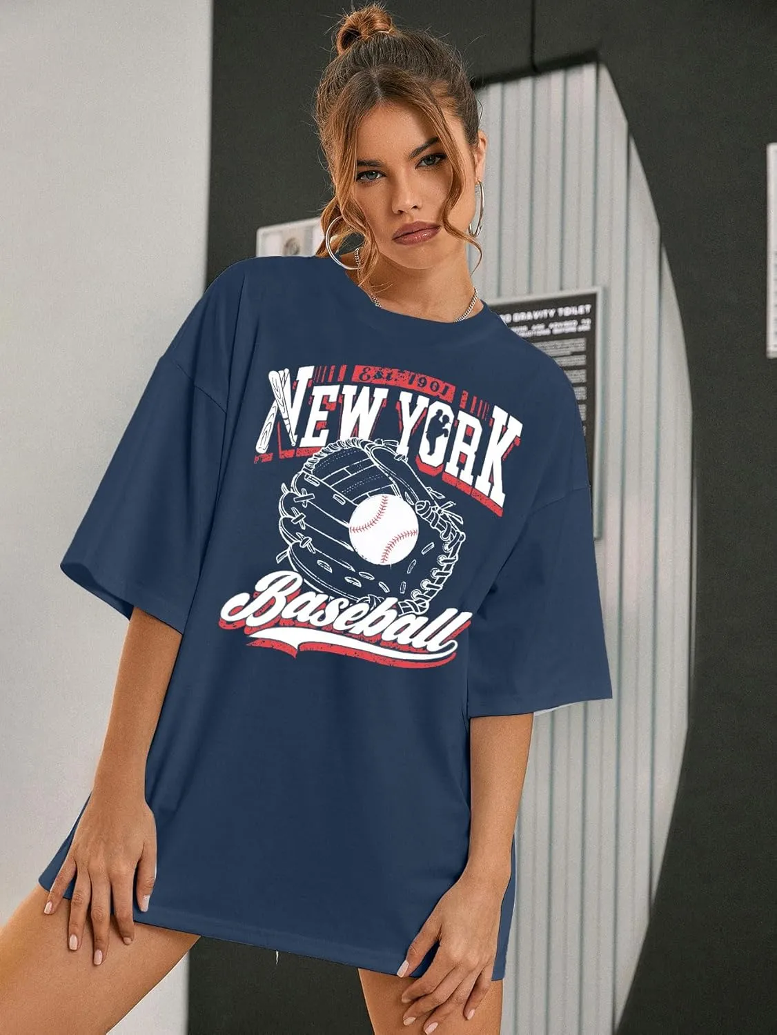Baseball Shirts New York Baseball Shirt Women Oversized Baseball Mom Shirt Oversized Short Sleeve Tops