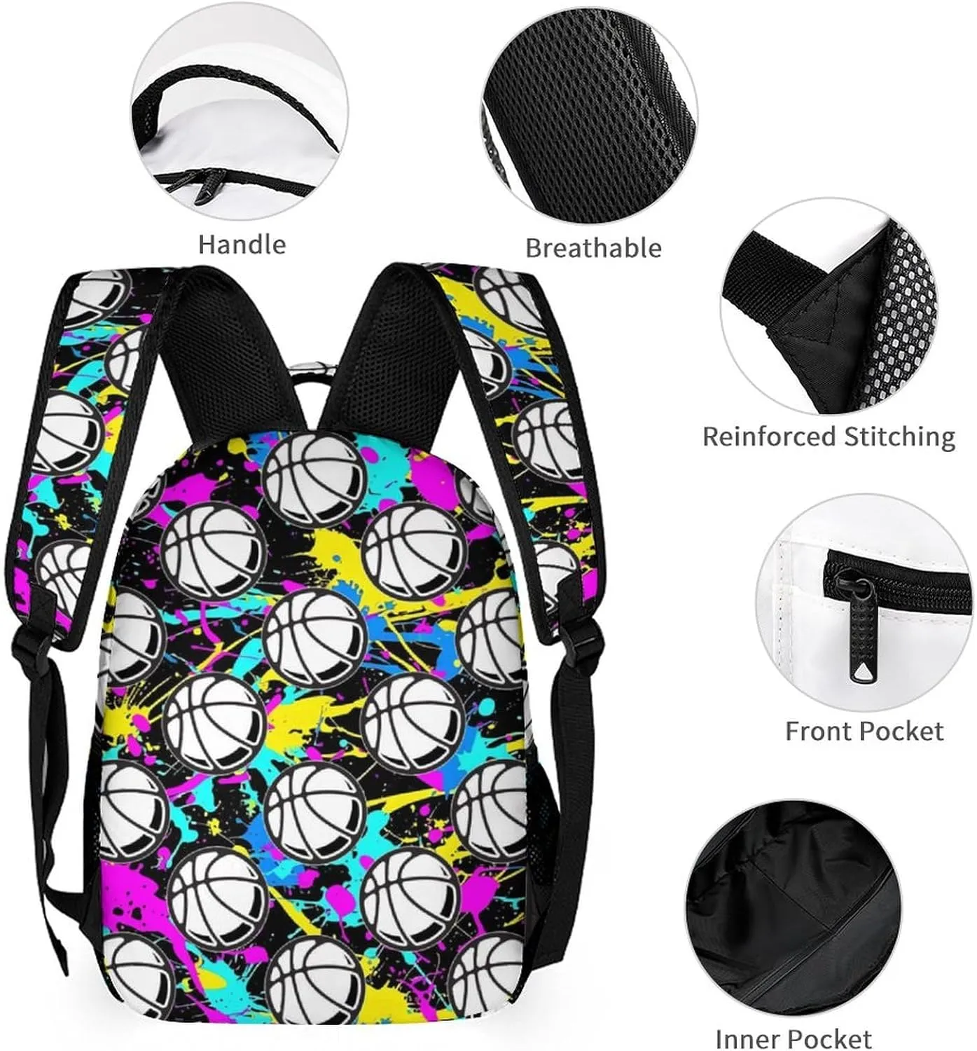 Basketball Backpack with Lunch Box & Pencil Case, 16 Inch Cool Basketball Themed Bookbag, Adjustable Durable Lightweight Large Capacity, Colorful Basketball Backpack Set for Kids Girls Boys School