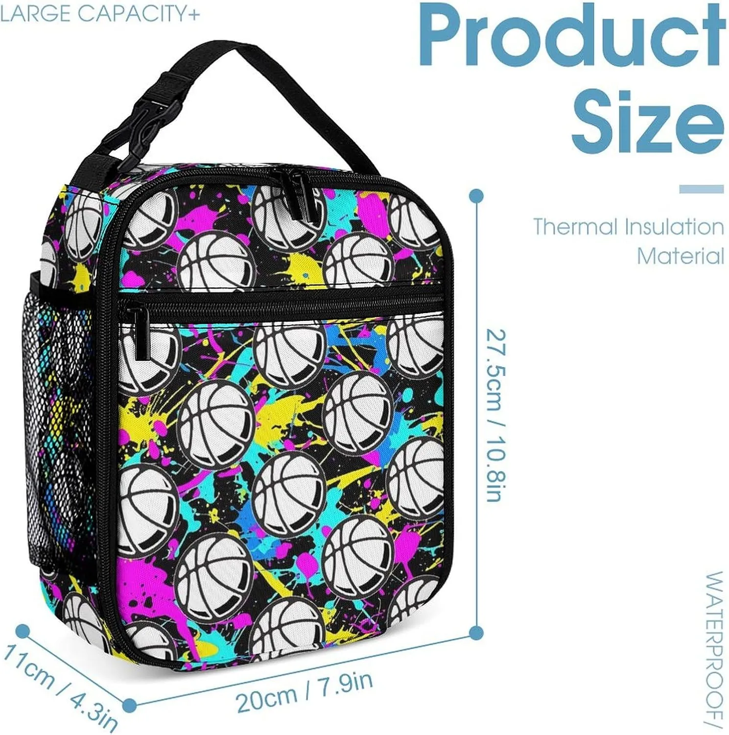 Basketball Backpack with Lunch Box & Pencil Case, 16 Inch Cool Basketball Themed Bookbag, Adjustable Durable Lightweight Large Capacity, Colorful Basketball Backpack Set for Kids Girls Boys School
