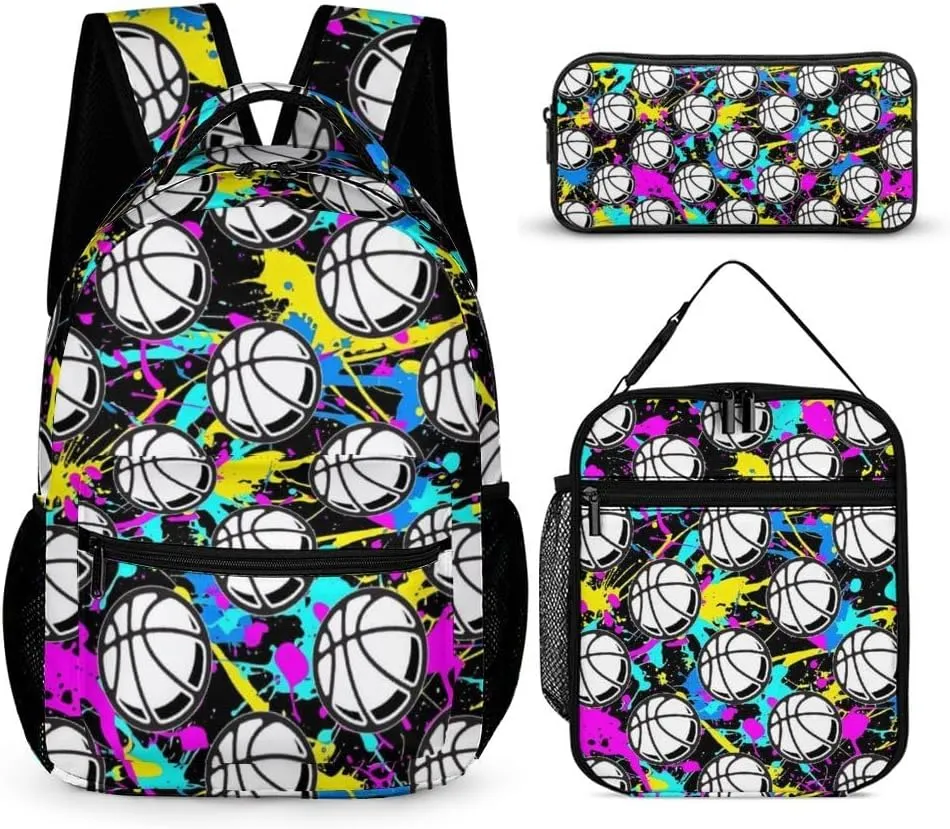 Basketball Backpack with Lunch Box & Pencil Case, 16 Inch Cool Basketball Themed Bookbag, Adjustable Durable Lightweight Large Capacity, Colorful Basketball Backpack Set for Kids Girls Boys School