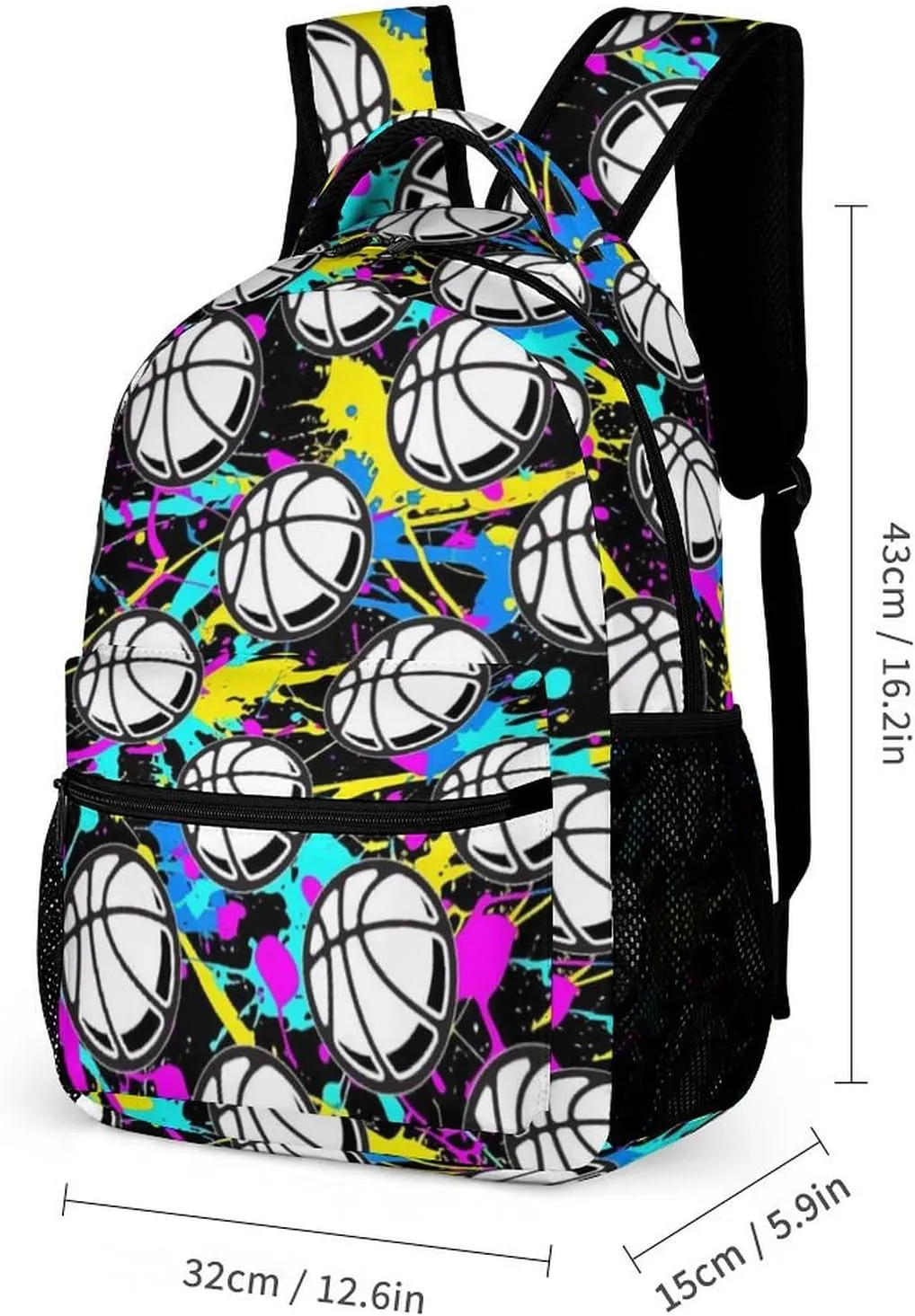 Basketball Backpack with Lunch Box & Pencil Case, 16 Inch Cool Basketball Themed Bookbag, Adjustable Durable Lightweight Large Capacity, Colorful Basketball Backpack Set for Kids Girls Boys School