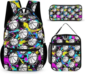 Basketball Backpack with Lunch Box & Pencil Case, 16 Inch Cool Basketball Themed Bookbag, Adjustable Durable Lightweight Large Capacity, Colorful Basketball Backpack Set for Kids Girls Boys School