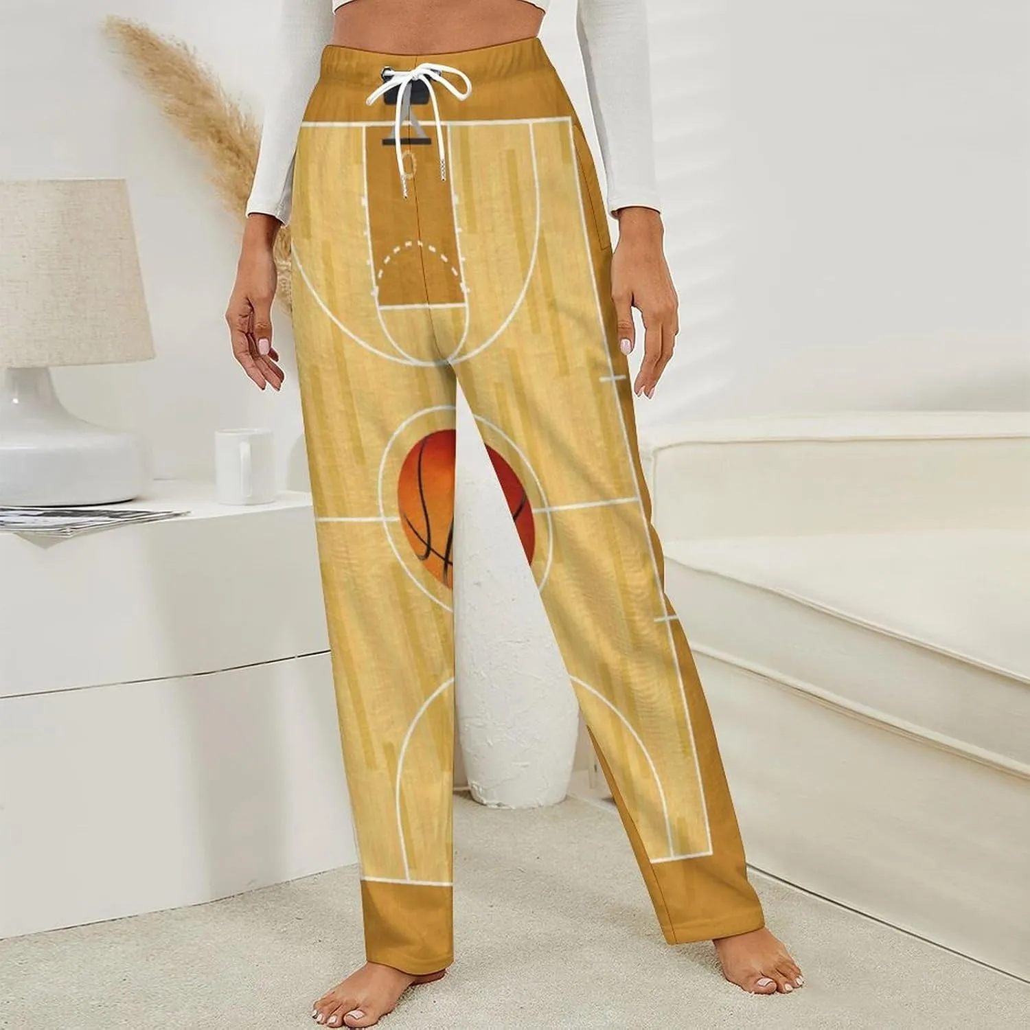 Basketball Court with Basketball Women's Flannel Pajama Pants Fleece Lounge Sleep Bottoms PJ
