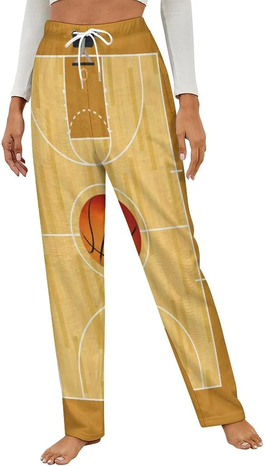 Basketball Court with Basketball Women's Flannel Pajama Pants Fleece Lounge Sleep Bottoms PJ