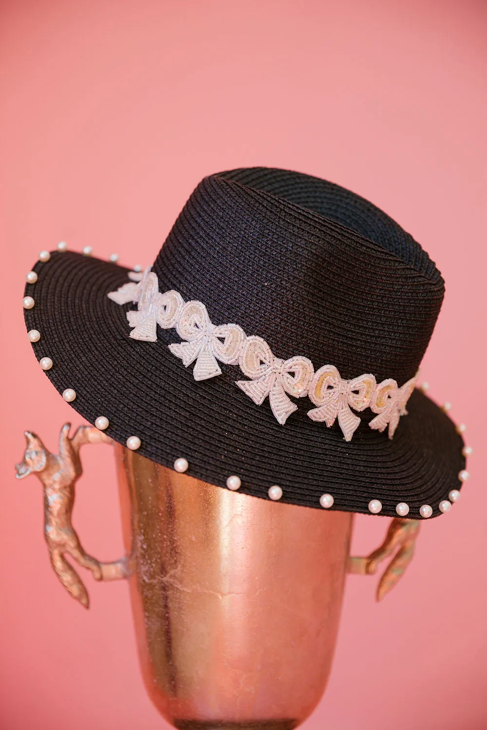 BEADED BOWS BLACK SUN HAT