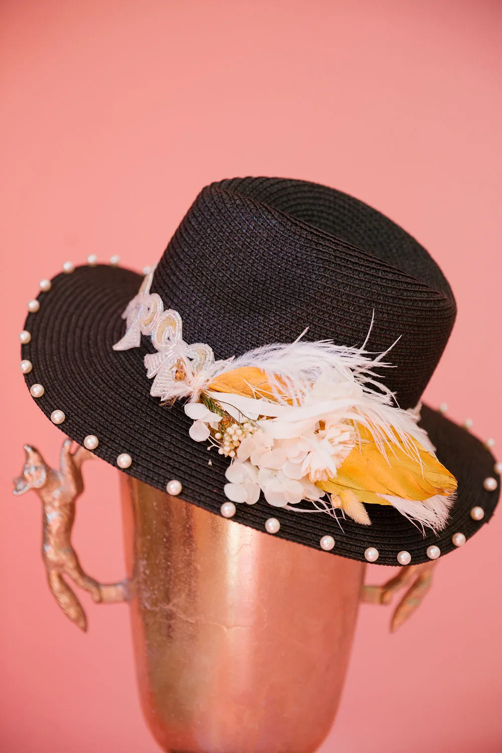 BEADED BOWS BLACK SUN HAT