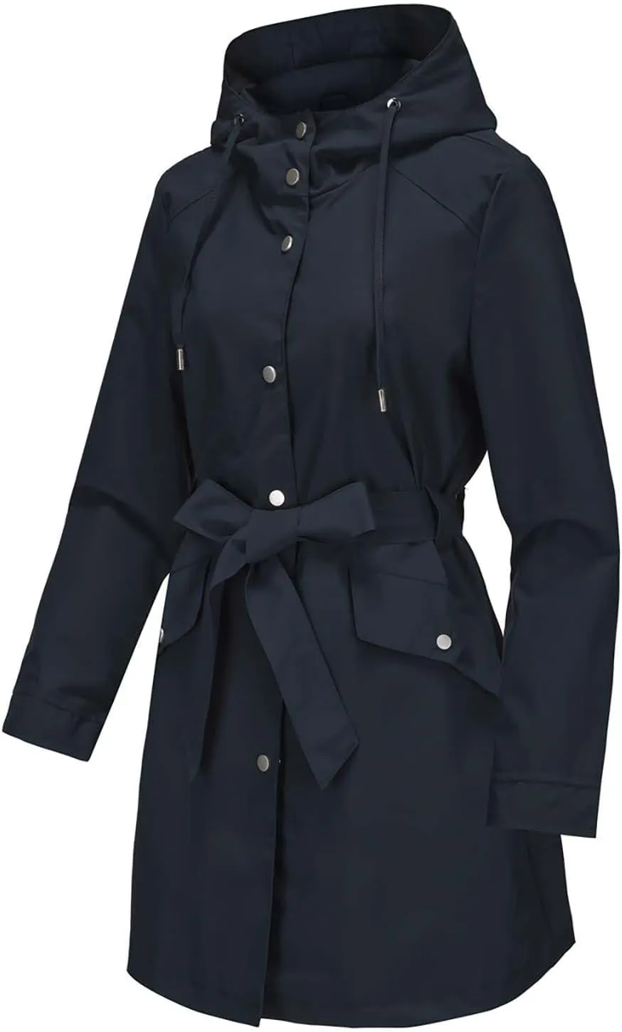 Bidobibo Women's Raincoats Waterproof Hooded Lightweight Winter Jacket with Belt Windbreaker Jacket Womens Plus Size 2024