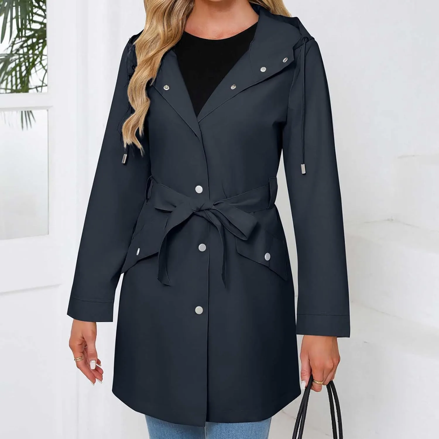 Bidobibo Women's Raincoats Waterproof Hooded Lightweight Winter Jacket with Belt Windbreaker Jacket Womens Plus Size 2024