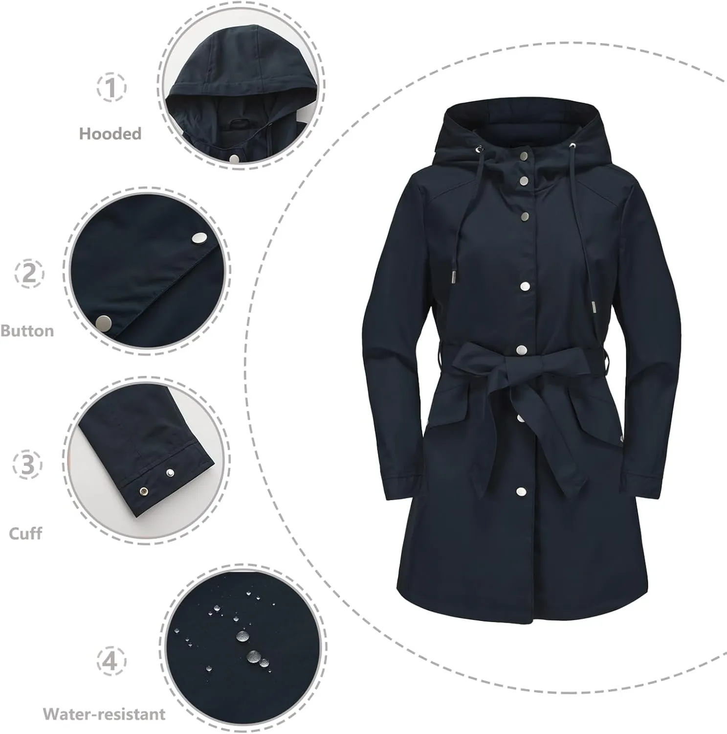 Bidobibo Women's Raincoats Waterproof Hooded Lightweight Winter Jacket with Belt Windbreaker Jacket Womens Plus Size 2024