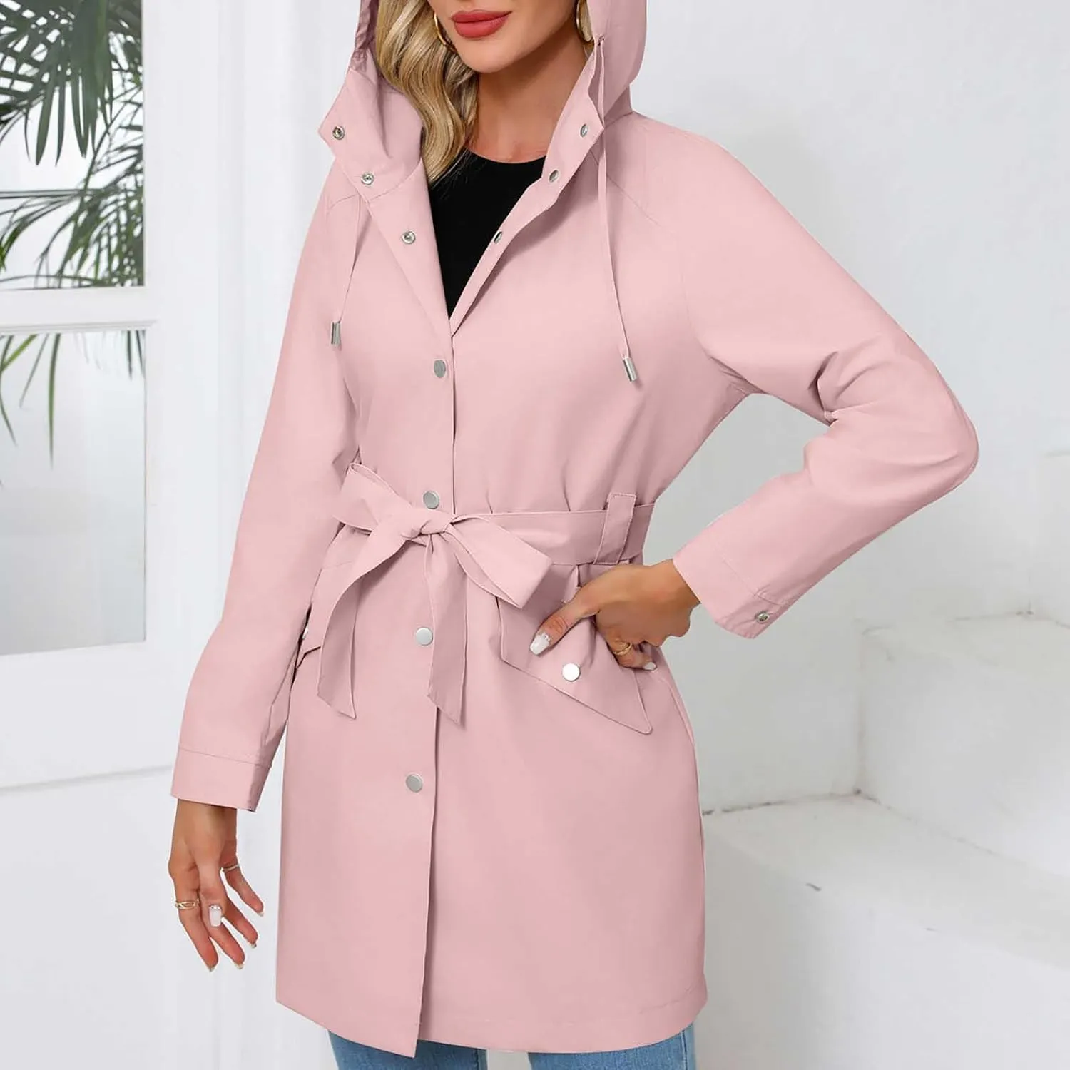Bidobibo Women's Raincoats Waterproof Hooded Lightweight Winter Jacket with Belt Windbreaker Jacket Womens Plus Size 2024