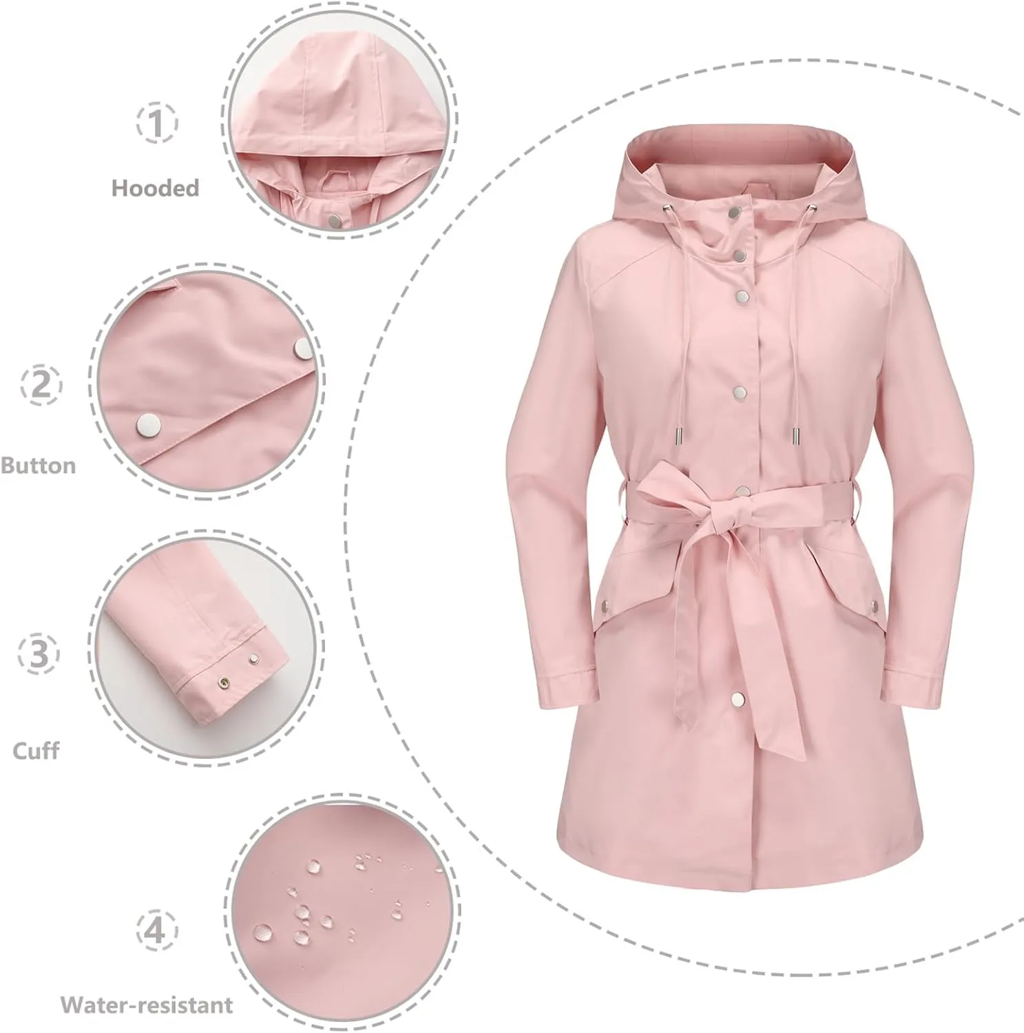 Bidobibo Women's Raincoats Waterproof Hooded Lightweight Winter Jacket with Belt Windbreaker Jacket Womens Plus Size 2024