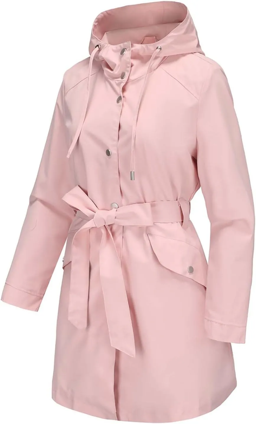 Bidobibo Women's Raincoats Waterproof Hooded Lightweight Winter Jacket with Belt Windbreaker Jacket Womens Plus Size 2024