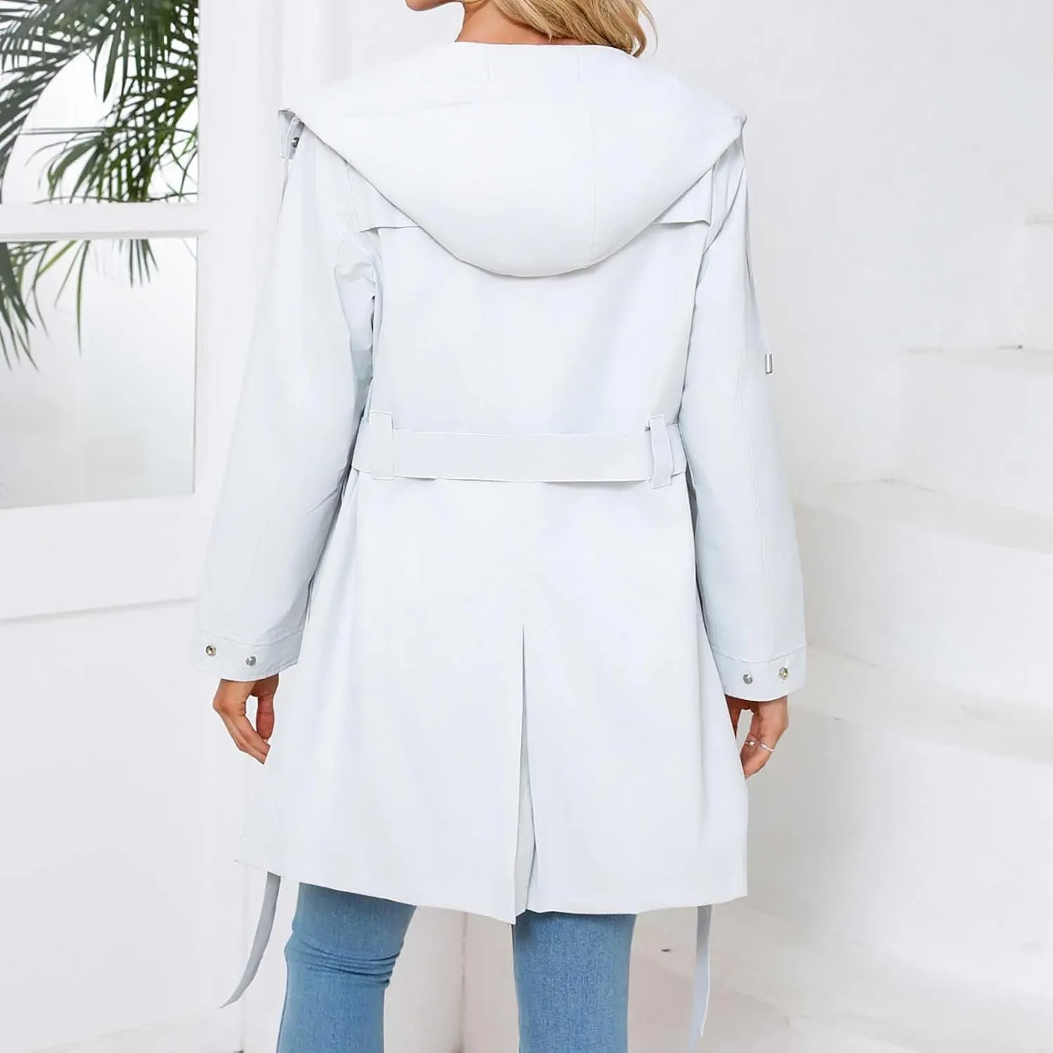 Bidobibo Women's Raincoats Waterproof Hooded Lightweight Winter Jacket with Belt Windbreaker Jacket Womens Plus Size 2024