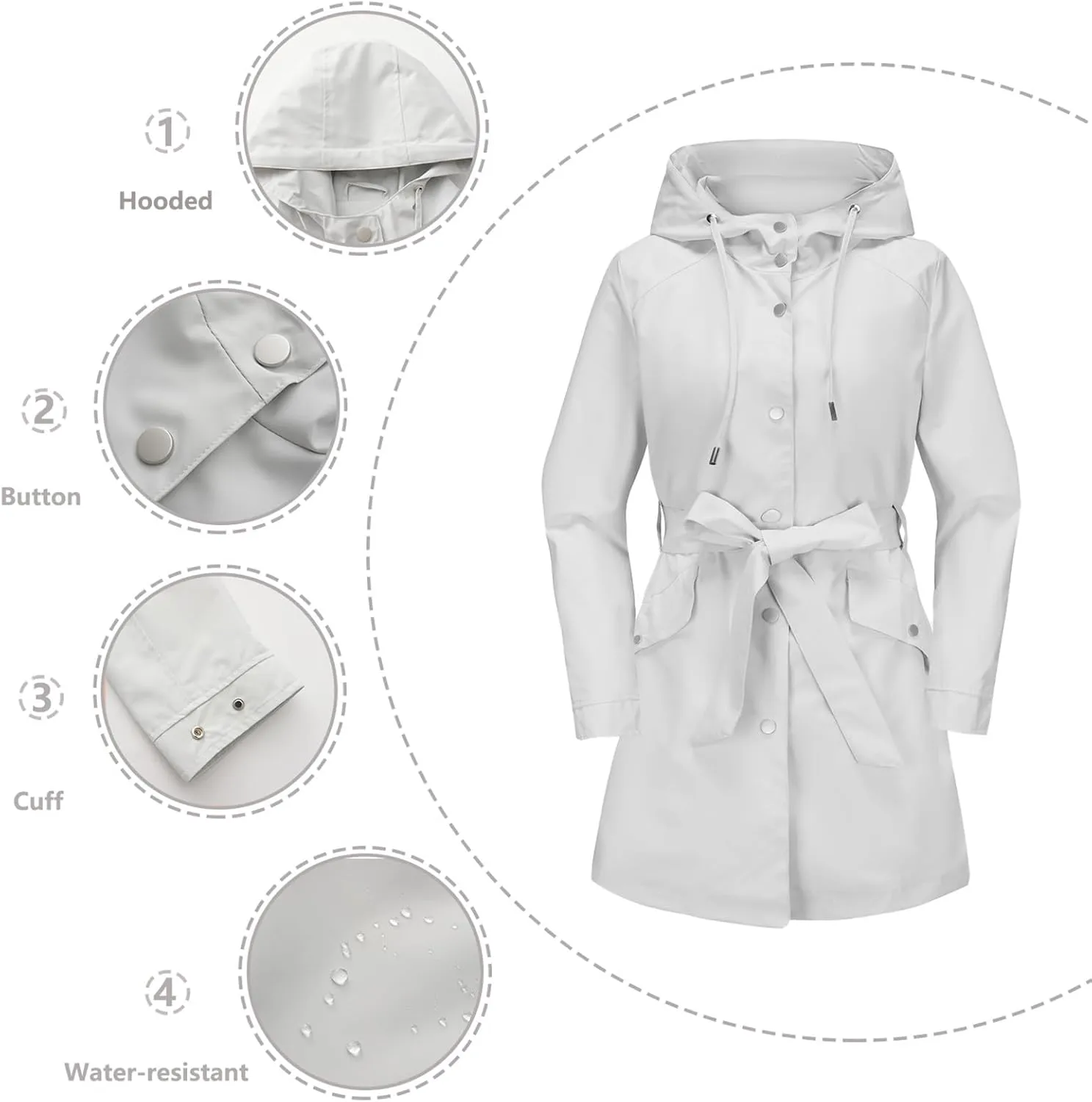 Bidobibo Women's Raincoats Waterproof Hooded Lightweight Winter Jacket with Belt Windbreaker Jacket Womens Plus Size 2024