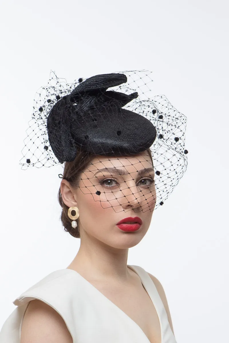 Black Pleated Bow Veiled Cocktail Hat