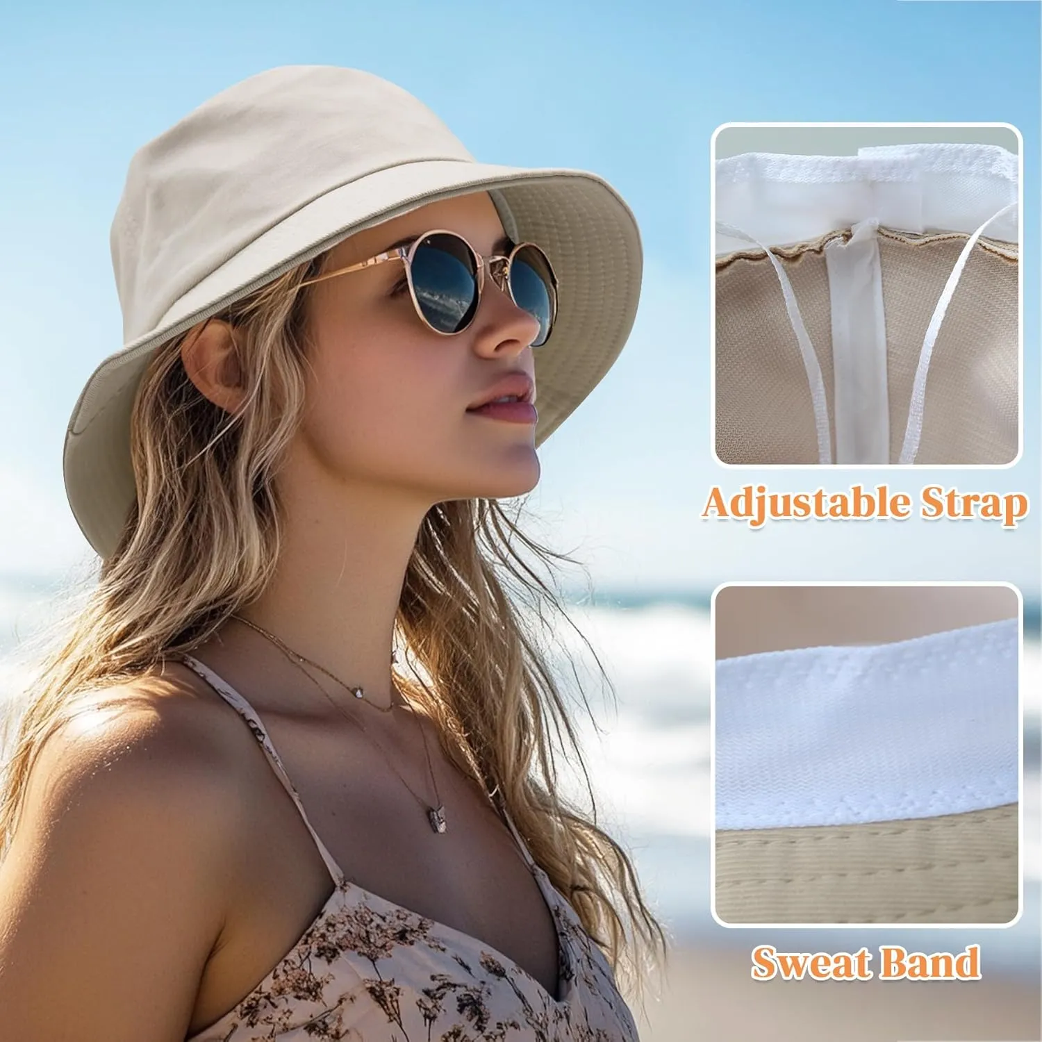 Bucket Hats for Woman Men with Detachable Strings Fishing Hat Summer Wide Brim Protection Sun Hat