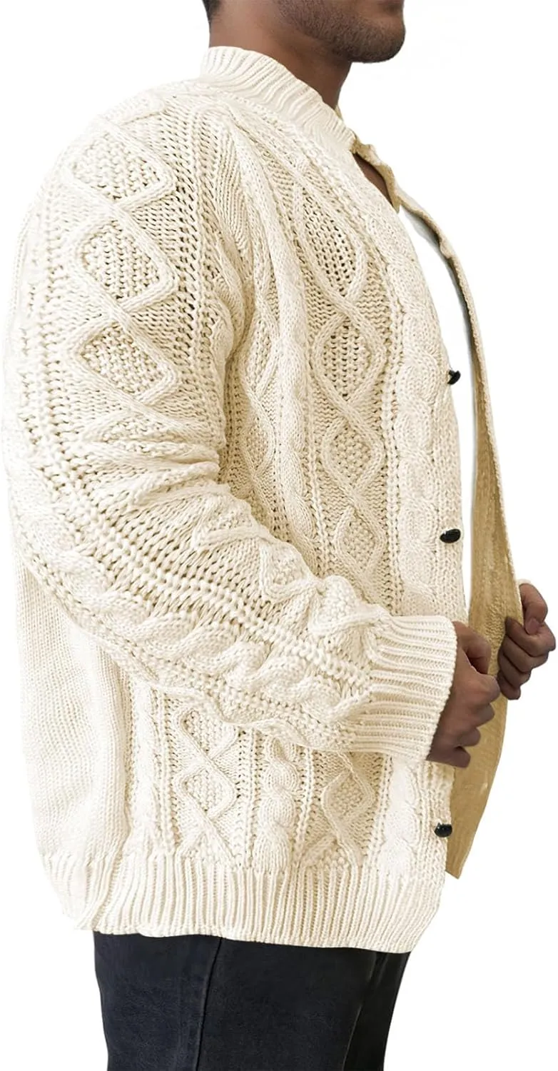 Cable Knit Cardigan for Men Casual Chunky Sweater Coat Long Sleeve Fall Winter Knitted Button Down Sweaters Jacket