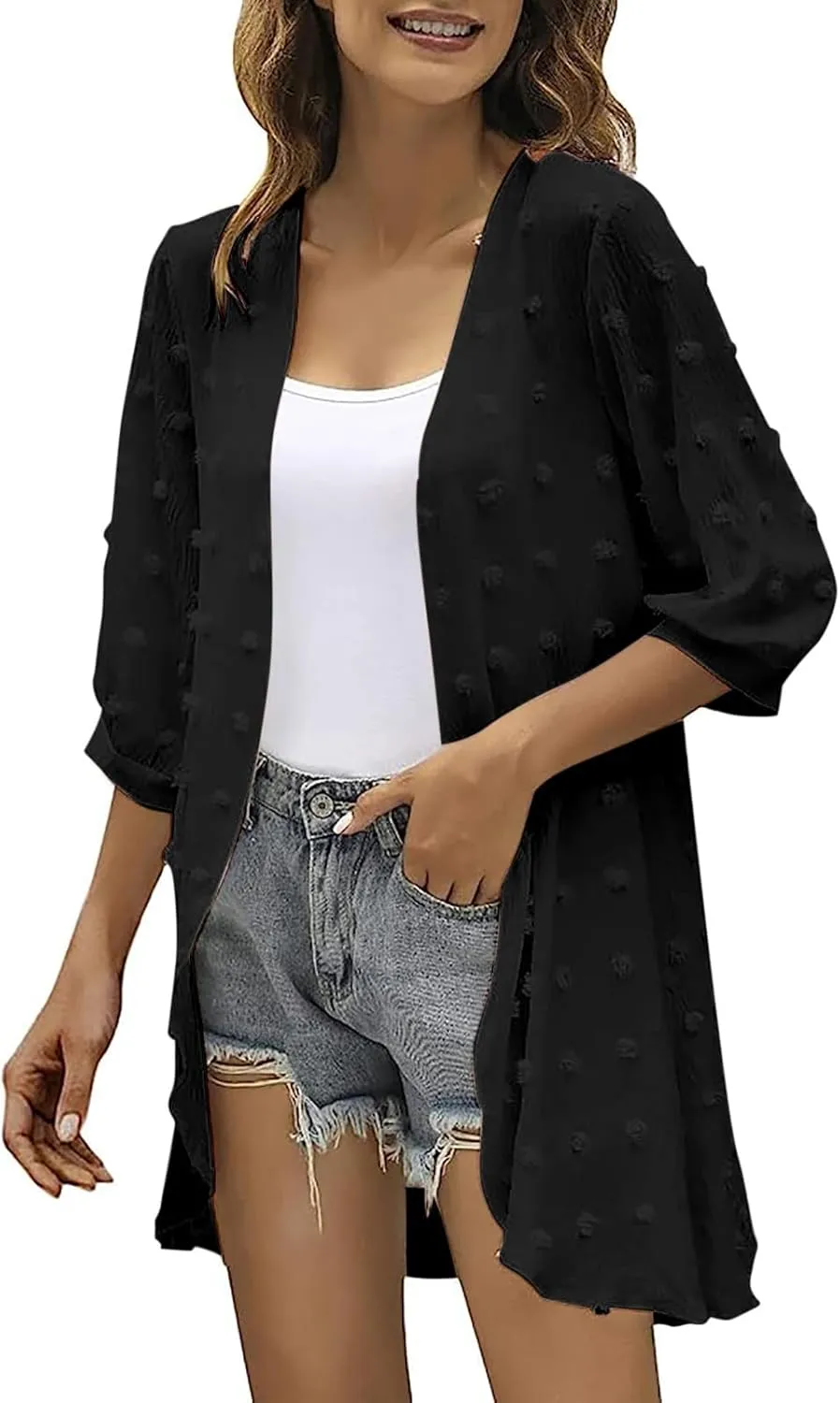 Cardigan for Women 3/4 Sleeve Swiss Dots Lightweight Summer Open Front Kimono Cardigans Casual Loose Beach Cover Up
