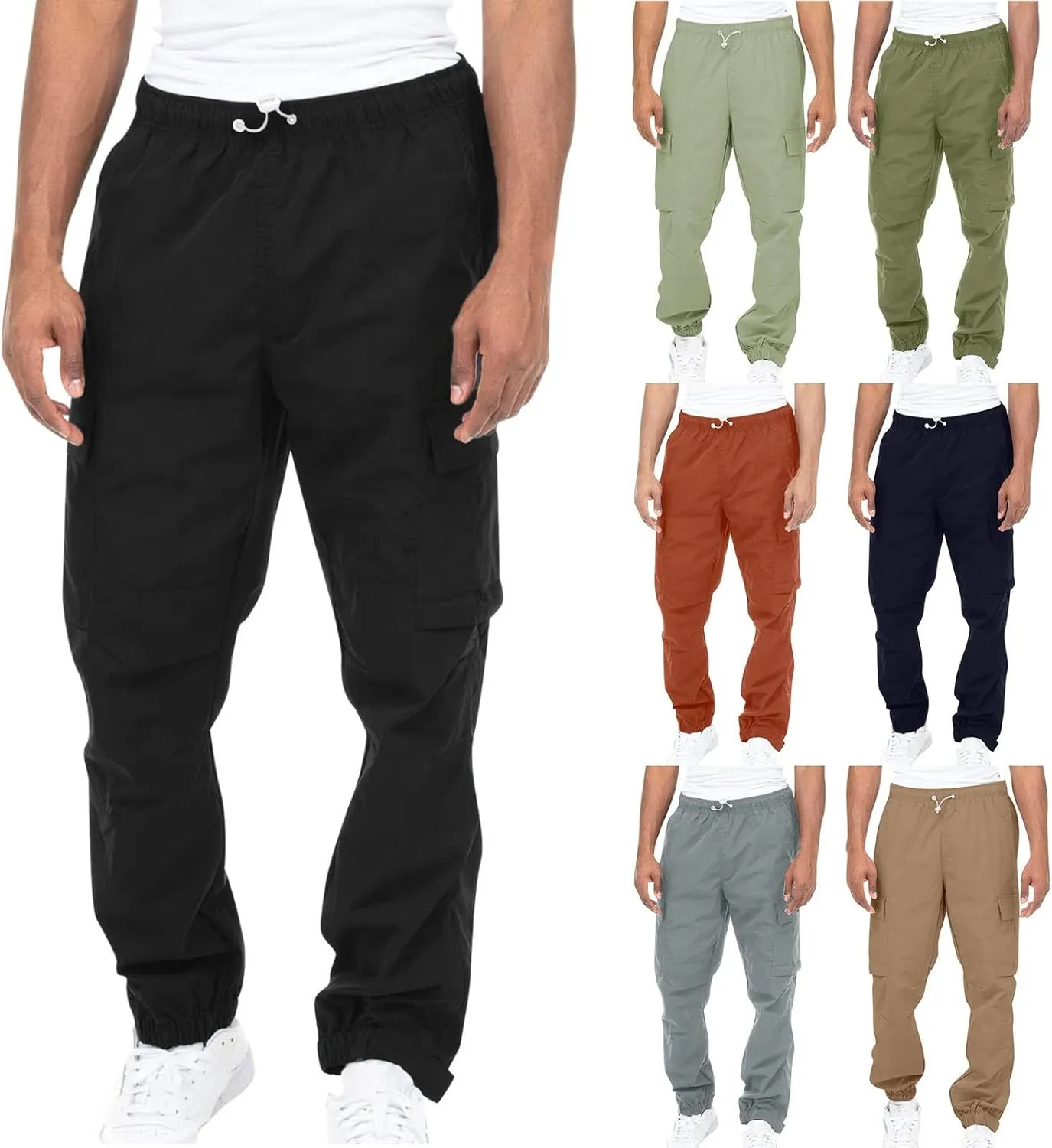 Cargo Trousers for Men Workout Sports Pant Men's Cargo Pants Elastic Waist Joggers Solid Casual Multi Pockets Outdoor