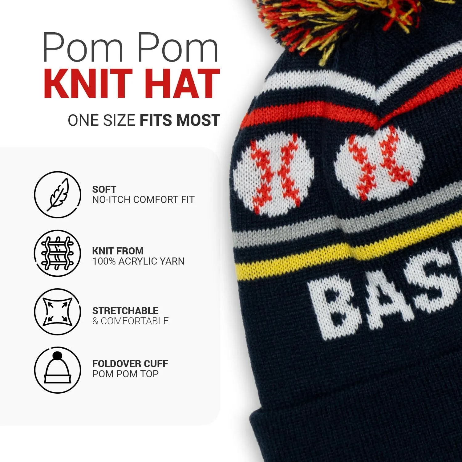 ChalkTalkSPORTS Baseball Knitted Beanie Hat | Baseball Pom Beanies