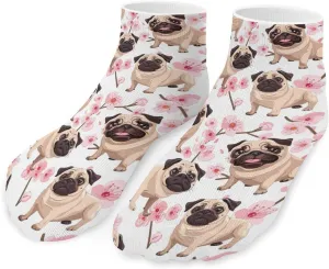 Cherry Flowers Pug Dog Ankle Socks Breathable Low Cut Sports Socks Casual No Show Sock for Women Men