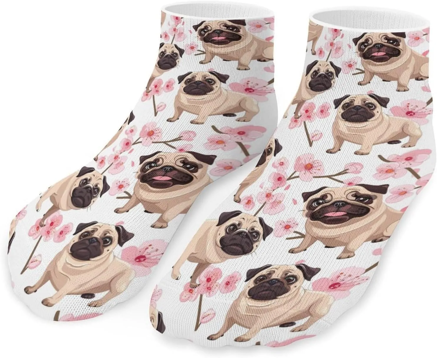 Cherry Flowers Pug Dog Ankle Socks Breathable Low Cut Sports Socks Casual No Show Sock for Women Men