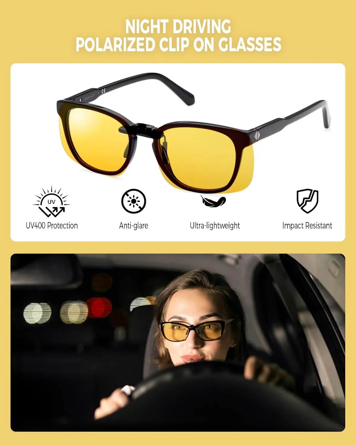 Clip On Night Vision, Driving Polarized Sunglasses - Anti Glare UV400 for Wearing Over Prescription Glasses