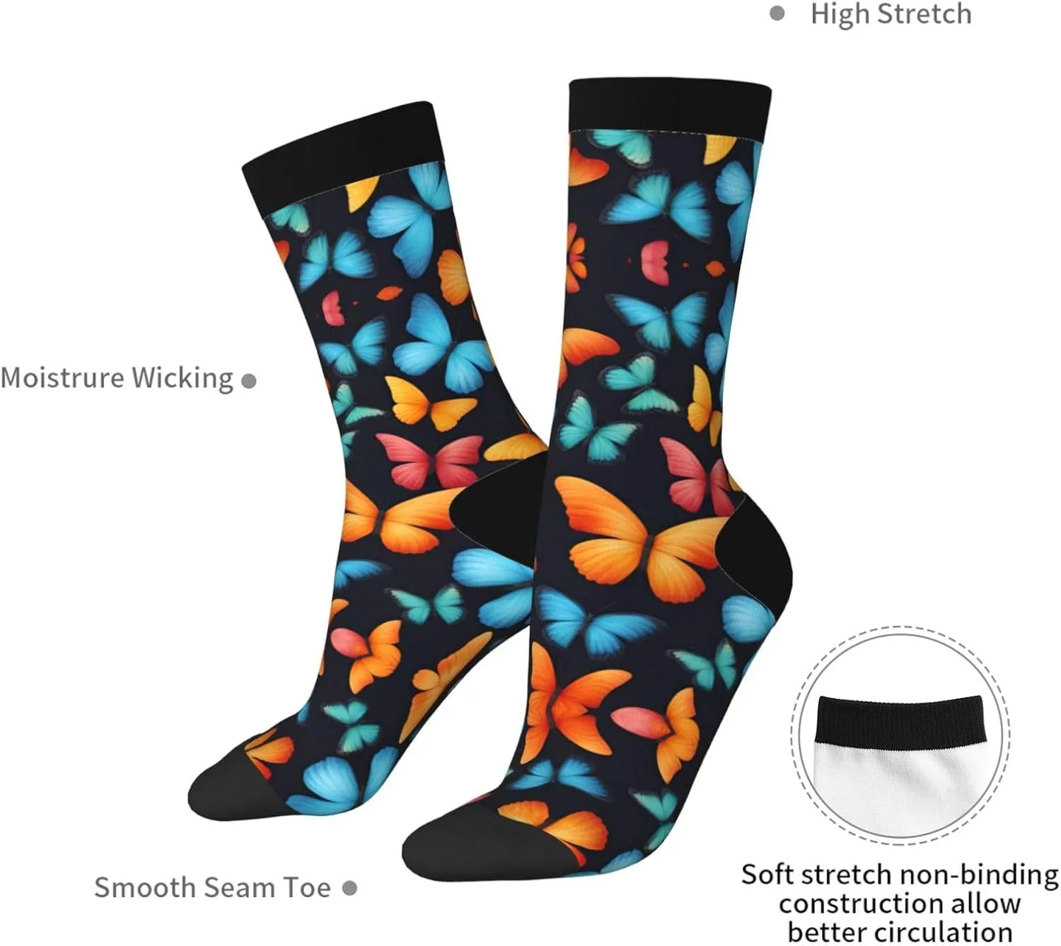 Colorful Butterfly Print Fun Contrast Socks,Novel Crazy Cool Socks,Pattern Funky Novelty Socks,Unisex Bulk Socks