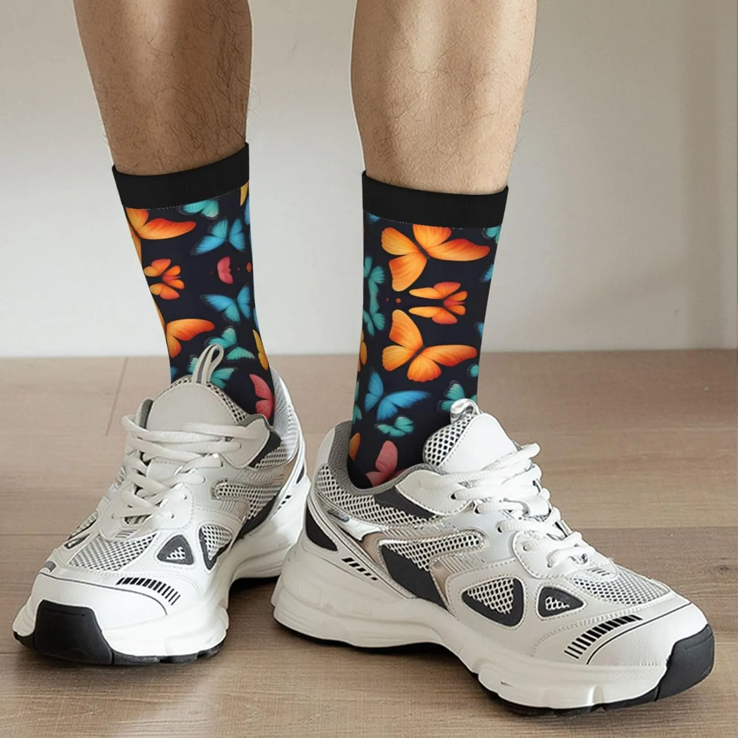 Colorful Butterfly Print Fun Contrast Socks,Novel Crazy Cool Socks,Pattern Funky Novelty Socks,Unisex Bulk Socks