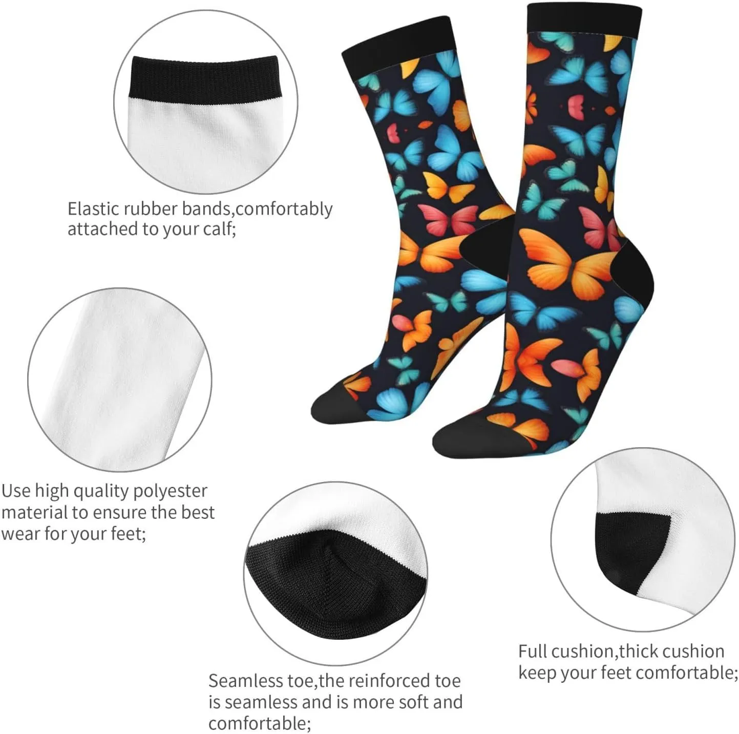 Colorful Butterfly Print Fun Contrast Socks,Novel Crazy Cool Socks,Pattern Funky Novelty Socks,Unisex Bulk Socks