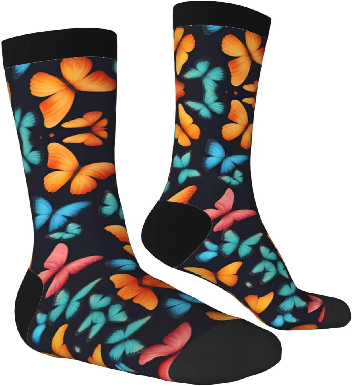 Colorful Butterfly Print Fun Contrast Socks,Novel Crazy Cool Socks,Pattern Funky Novelty Socks,Unisex Bulk Socks