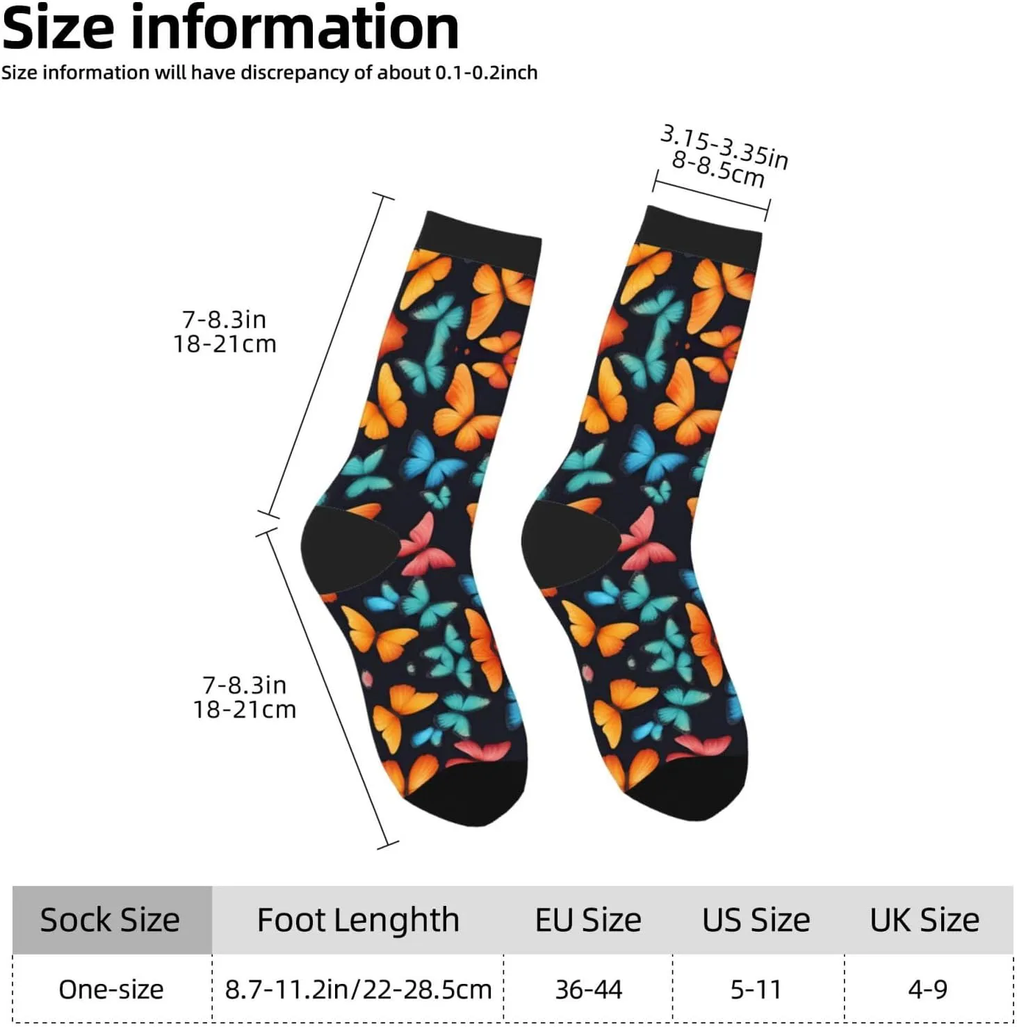 Colorful Butterfly Print Fun Contrast Socks,Novel Crazy Cool Socks,Pattern Funky Novelty Socks,Unisex Bulk Socks