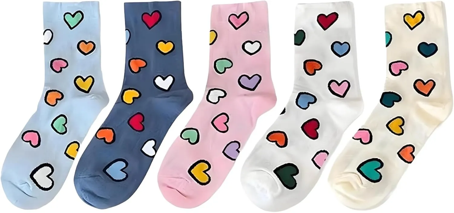 Colorful Heart Pattern Crew Socks for Women and Girls Cute Soft Fashion Cozy Novelty Fun Cotton Casual Socks Gifts