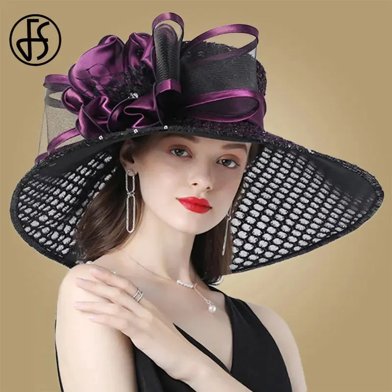 Easter Hat Sunday Church Hat Purple Derby Fascinator Hats Wedding Kentucky Hats For Women Ladies Flower Hats Large Wide Brim Fedora Organza Church Hat