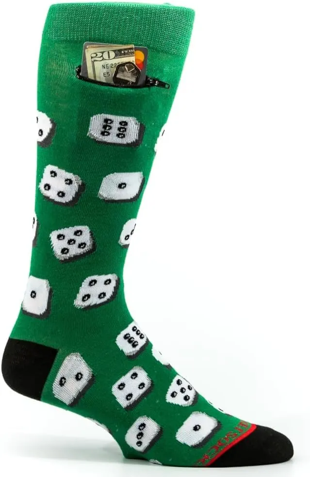 Fashion Print Crew Socks for Men - Anti Theft Novelty Dress Socks w/Hidden Zipper Stash Spot Pocket for Travel ID, Keys, Cash - Dice on Green