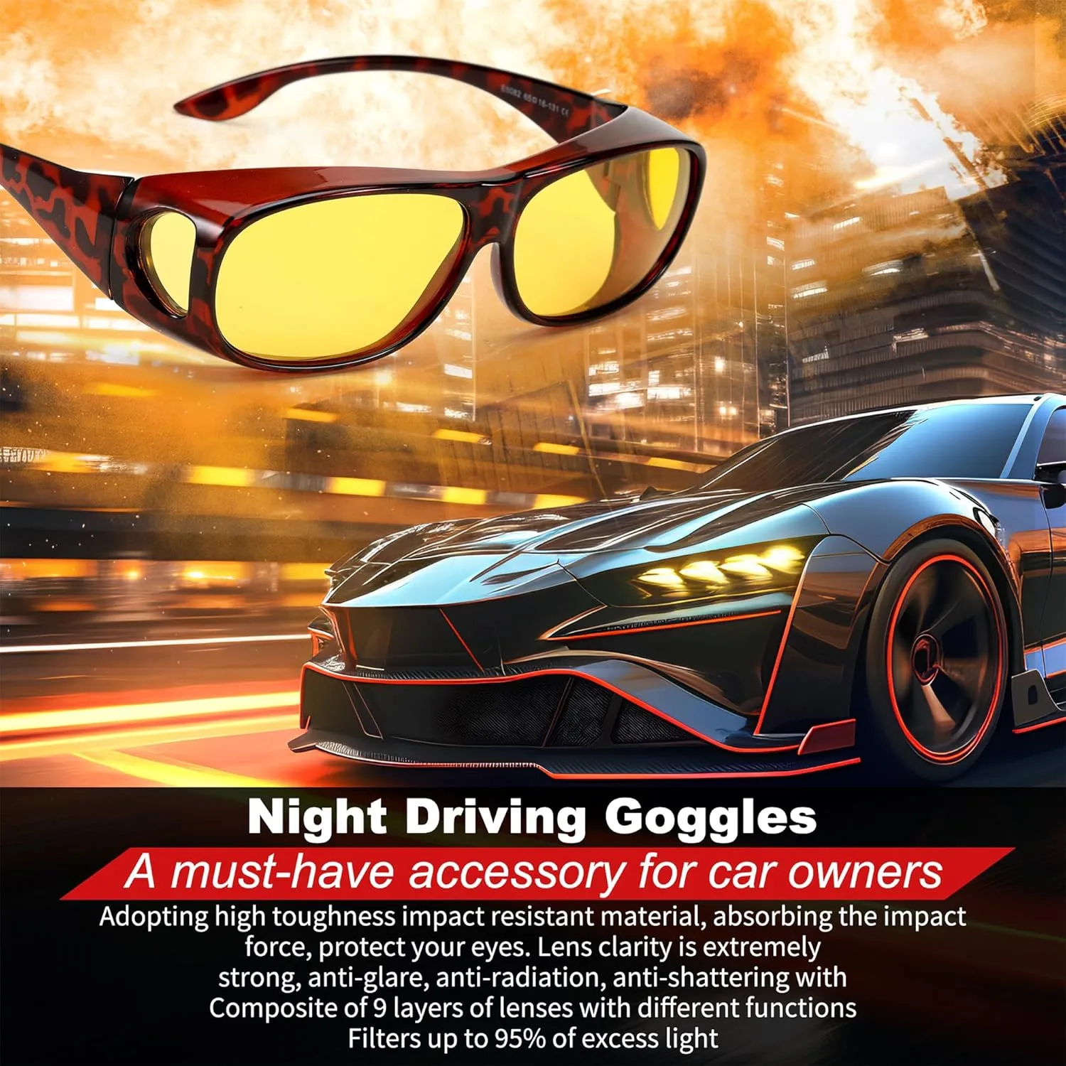 FEISEDY Night Driving Glasses,Men Women Fit Over Sunglasses, Anti Glare Polarized HD Night Vision Glasses Yellow Lens B0221