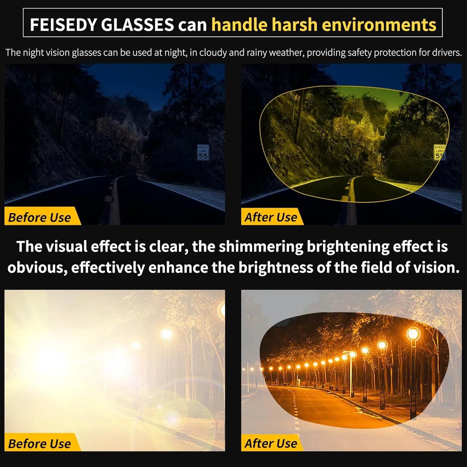 FEISEDY Night Driving Glasses,Men Women Fit Over Sunglasses, Anti Glare Polarized HD Night Vision Glasses Yellow Lens B0221