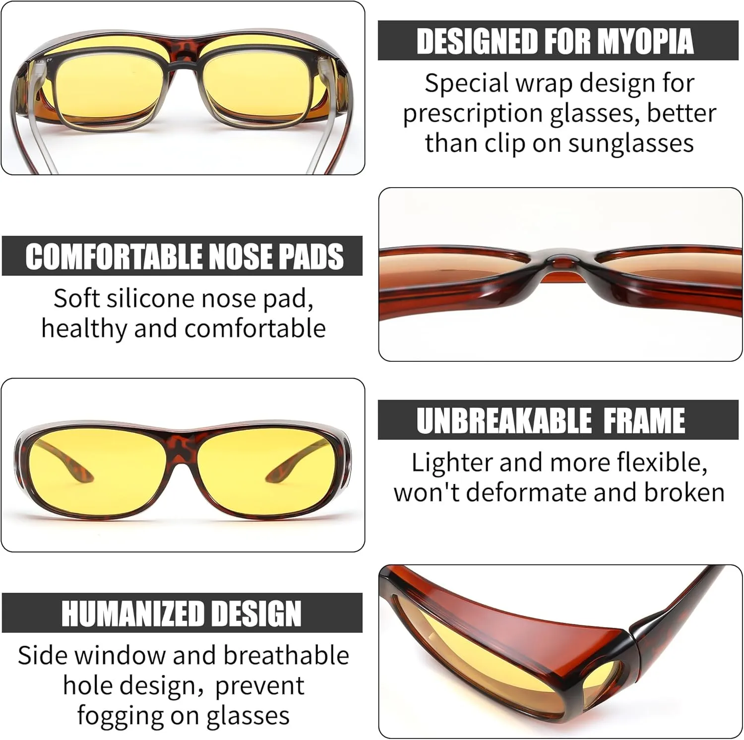 FEISEDY Night Driving Glasses,Men Women Fit Over Sunglasses, Anti Glare Polarized HD Night Vision Glasses Yellow Lens B0221