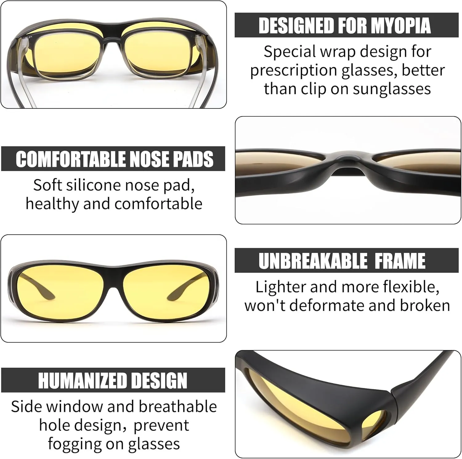 FEISEDY Night Driving Glasses,Men Women Fit Over Sunglasses, Anti Glare Polarized HD Night Vision Glasses Yellow Lens B0221