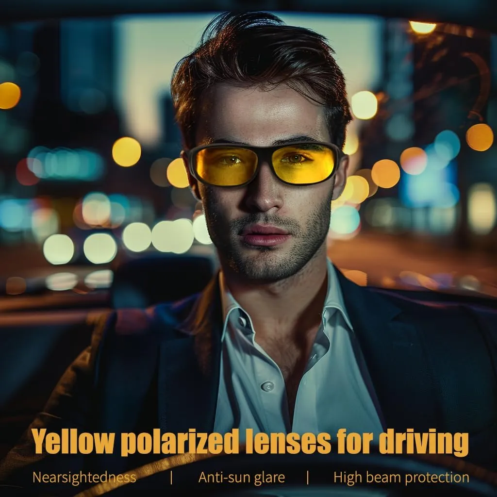 FEISEDY Night Driving Glasses,Men Women Fit Over Sunglasses, Anti Glare Polarized HD Night Vision Glasses Yellow Lens B0221