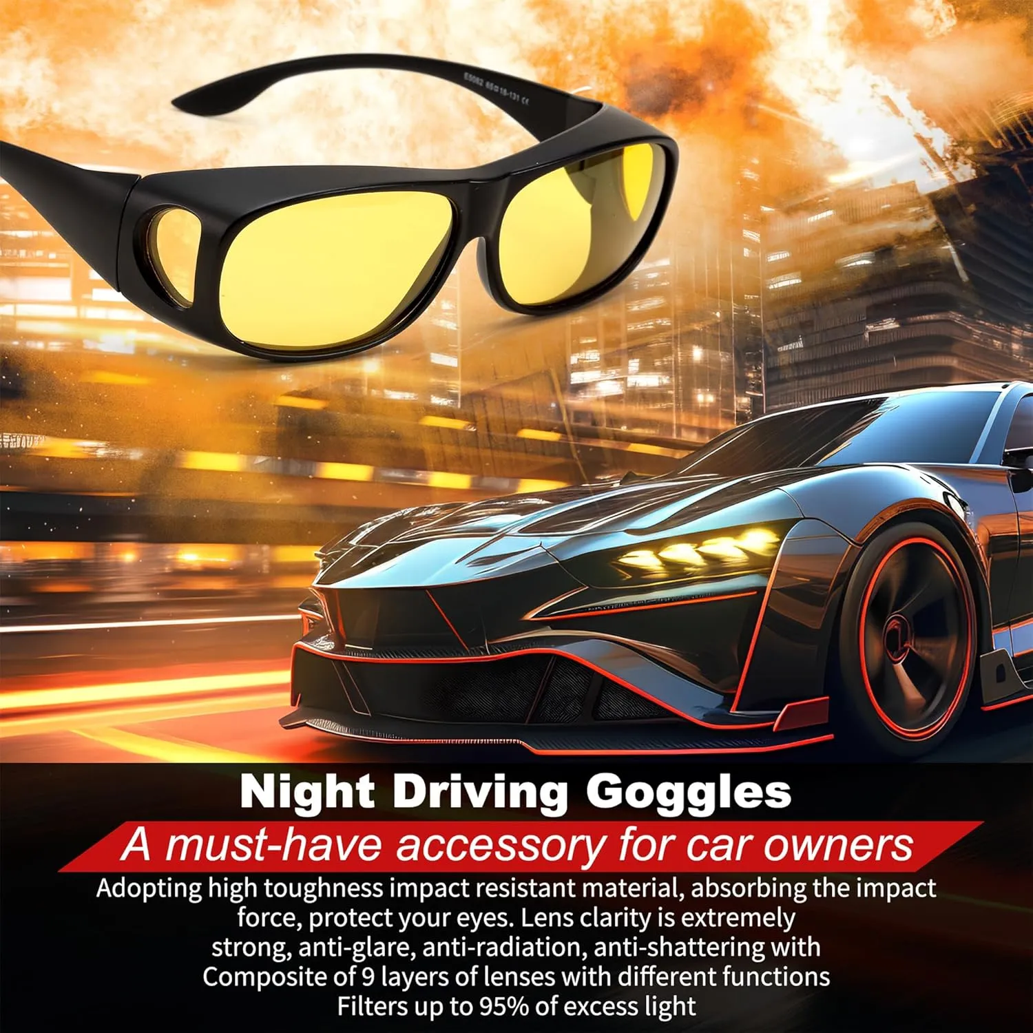 FEISEDY Night Driving Glasses,Men Women Fit Over Sunglasses, Anti Glare Polarized HD Night Vision Glasses Yellow Lens B0221